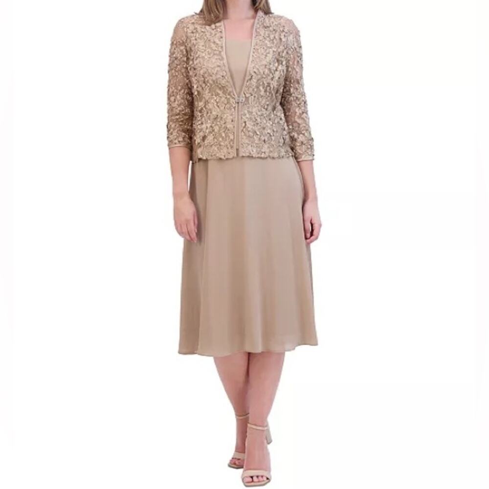 Jessica Howard Women's Soutache Jacket & Jewel-Neck Midi Dress Toffee Sz 6